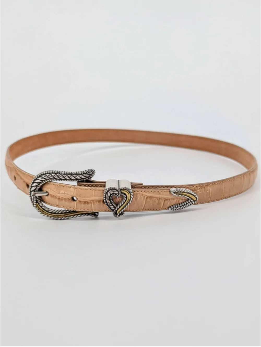 Vintage Brighton C3118 Beige Croc Embossed Leather Heart Buckle Belt L 34